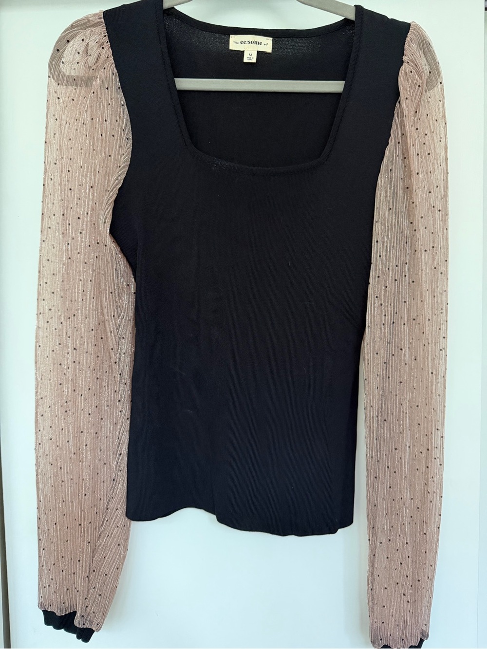 eesome Black Square-Neck Top with Blush Dot Sparkle Mesh Sleeves